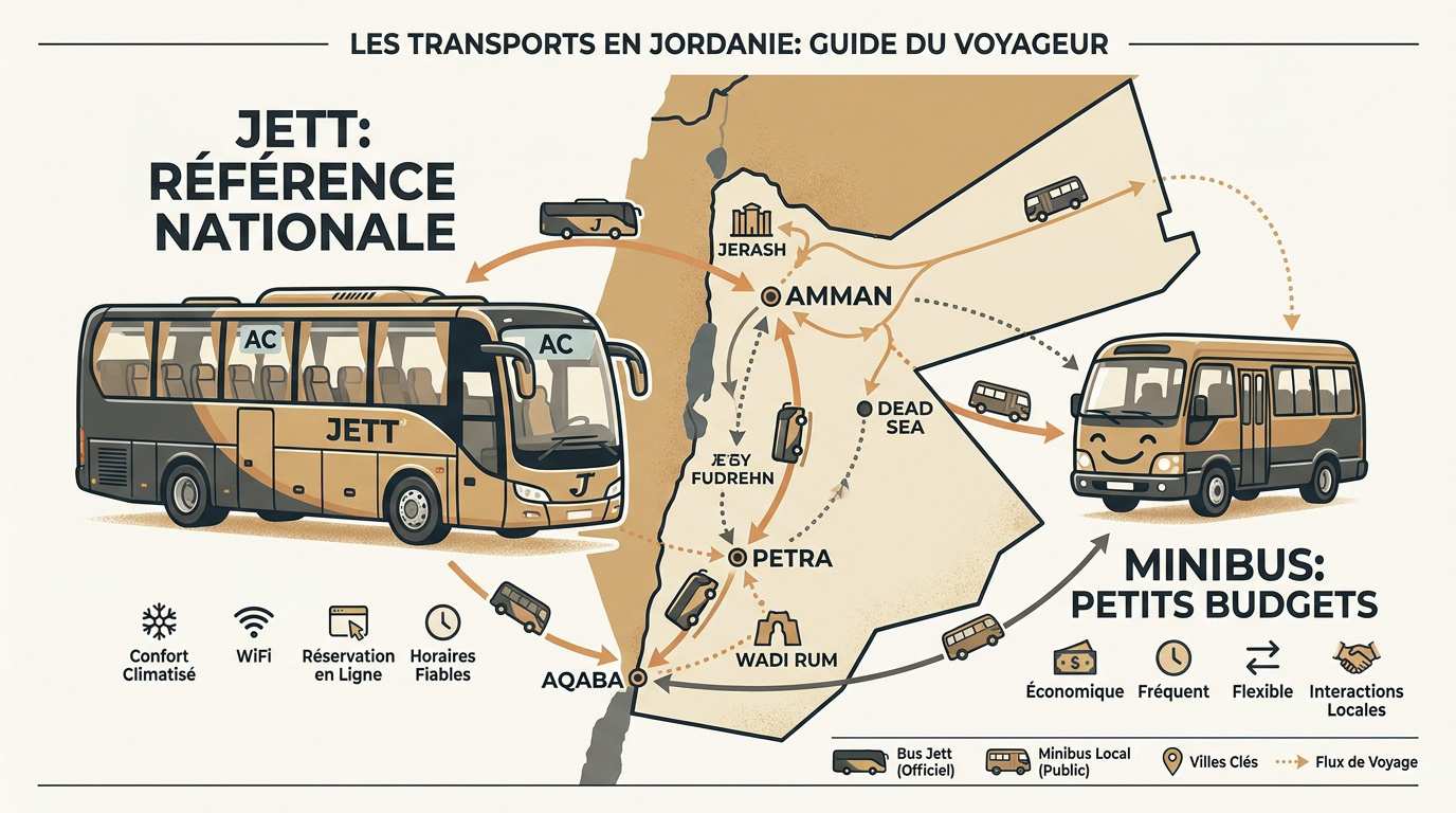 Bus moderne de la compagnie Jett circulant sur une route désertique en Jordanie